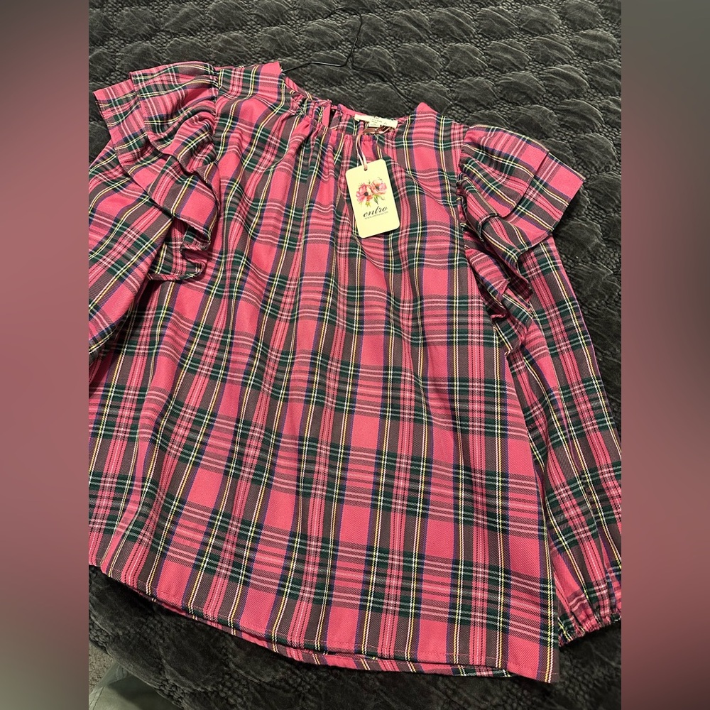 entro Pink Plaid Ruffle Sleeve Top nwt - Picture 5 of 7